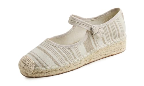 Feversole Damen Espadrilles Plateau Wedges Sandaletten mit Geschlossene Keilabsatz Sommerschuhe Sommer Pumps Frauen Schuhe Beige Streifen Segeltuch Jute Mary Jane 39 EU von Feversole