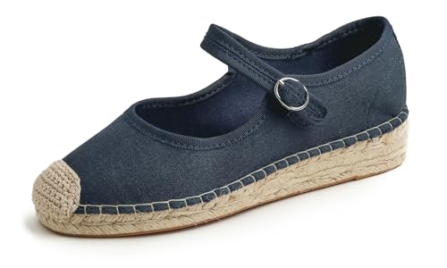 Feversole Damen Espadrilles Plateau Wedges Sandaletten mit Geschlossene Keilabsatz Sommerschuhe Sommer Pumps Frauen Schuhe Marine Segeltuch Jute Mary Jane 41 EU von Feversole