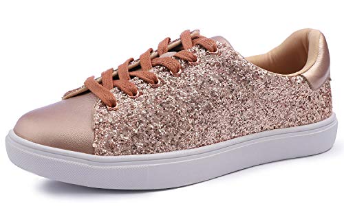 Feversole Women's Featured Glitter Lace-Up Sneaker,Kleid Turnschuhe Party Bling Casual Flats Verzierte Schuhe, Hellgoldene Glitzer-Schnürschuhe von Feversole