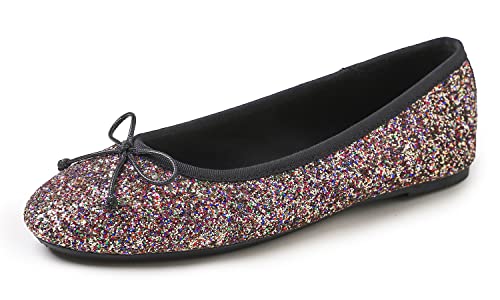 Feversole Damen Klassische Ballerinas Profilsohle Glänzende Ballerina Flach Multi Schwarz Größe 385 EU von Feversole