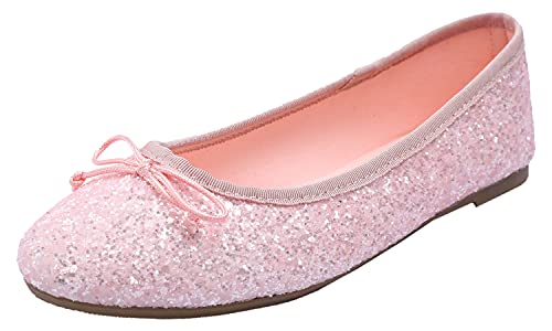 Feversole Round Glitter Ballerina, Damen Klassische Ballerinas Profilsohle Glänzende Ballerina Flach Glänzende Baby Rosa 37 von Feversole