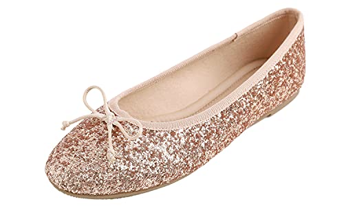 Feversole Round Glitter Ballerina, Damen Klassische Ballerinas Profilsohle Glänzende Ballerina Flach Glänzende RosaGold 37 von Feversole