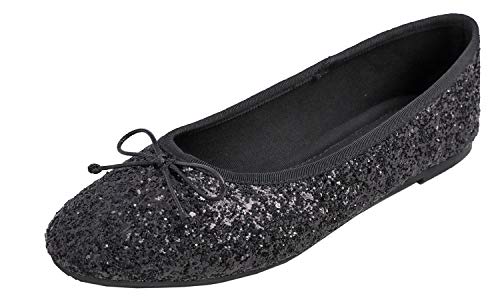 Feversole Round Glitter Ballerina, Damen Klassische Ballerinas Profilsohle Glänzende Ballerina Flach Glänzende Schwarz 41 von Feversole