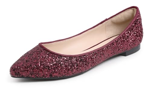Feversole Damen Klassische Ballerinas Profilsohle Glänzende Paillette Flach Helles Burgunderrot 38.5 von Feversole