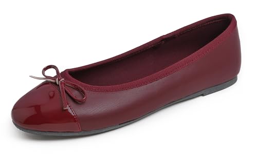 Feversole Damen Klasssische Ballerinas Lack Balerinaschuhe Flach Damenschuhe Burgunderrot Zehenkappe EU 39 von Feversole
