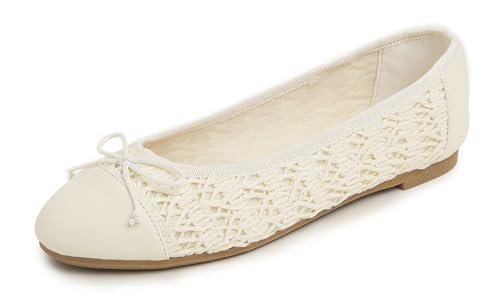 Feversole Damen Klasssische Ballerinas Lack Balerinaschuhe Flach Damenschuhe Creme Raffia-Zehenkappe EU 38 von Feversole