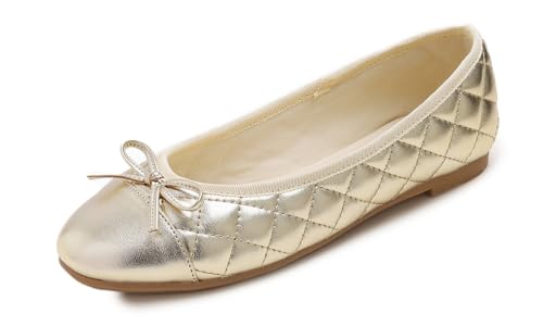 Feversole Damen Klasssische Ballerinas Lack Balerinaschuhe Flach Damenschuhe Gold Zehenkappe EU 36 von Feversole