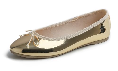 Feversole Damen Klasssische Ballerinas Lack Balerinaschuhe Flach Damenschuhe Gold spiegeln 37 EU von Feversole