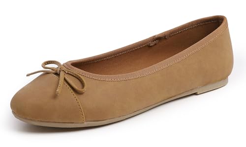 Feversole Damen Klasssische Ballerinas Lack Balerinaschuhe Flach Damenschuhe Kamel Nubuk Zehenkappe EU 38.5 von Feversole