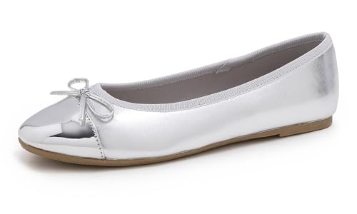 Feversole Damen Klasssische Ballerinas Lack Balerinaschuhe Flach Damenschuhe Silber Zehenkappe EU 37.5 von Feversole