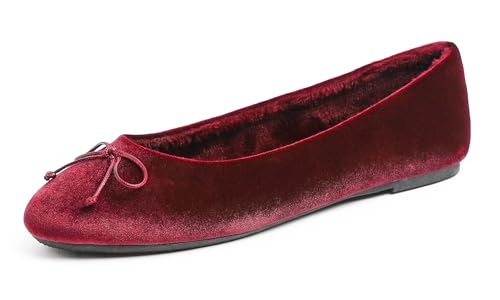 Feversole Damen Klasssische Ballerinas Samt Balerinaschuhe Flach Damen Schuhe Burgunderrot Samt Pelz gefüttert 41 EU von Feversole