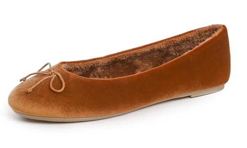 Feversole Damen Klasssische Ballerinas Samt Balerinaschuhe Flach Damen Schuhe Kamel Samt Pelz gefüttert 38 EU von Feversole