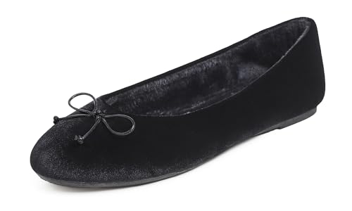 Feversole Damen Klasssische Ballerinas Samt Balerinaschuhe Flach Damen Schuhe Schwarz Samt Pelz gefüttert 41 EU von Feversole