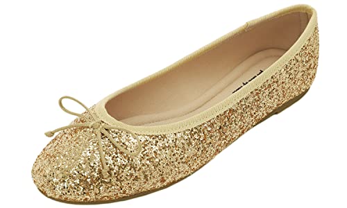Feversole Damen Macaron Bunte Memory Foam Cushion Insock Patent Ballett Flat, Glitzergoldfarben von Feversole
