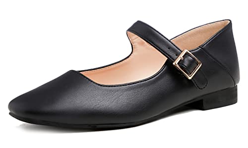 Feversole Damen Mary Jane Fashion Square Toe Easy Buckle Low Heel Slip On Flats, Sq Maryjane Black Vegan Stack Heel, 36 EU von Feversole