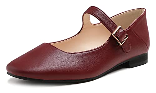 Feversole Damen Mary Jane Fashion Square Toe Easy Buckle Low Heel Slip On Flats, Sq Maryjane Veganer Stack Heel Burgunderrot, 37 EU von Feversole
