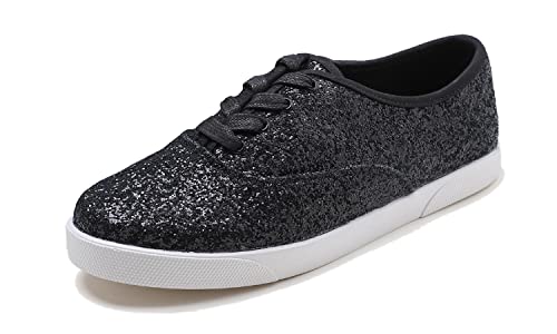 Feversole Women's Featured Glitter Lace-Up Sneaker,Kleid Turnschuhe Party Bling Casual Flats Verzierte Schuhe, Hellgoldene Glitzer-Schnürschuhe von Feversole