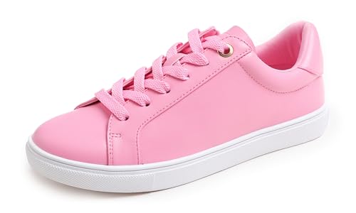 Feversole Damen Mode Leicht Frühling Sommer Veganes Leder Sneaker Casual Komfort Walking Schuhe, Hotpink Farbe Weiß Sohle Große Öse 40 von Feversole