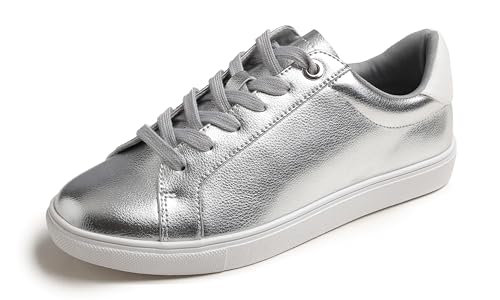 Feversole Damen Mode Leicht Frühling Sommer Veganes Leder Sneaker Casual Komfort Walking Schuhe, Silberne Farbe Weiße Sohle große Öse von Feversole