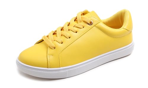Feversole Damen Mode Leicht Frühling Sommer Veganes Leder Sneaker Casual Komfort Walking Schuhe, Zitrone Farbe Weiß Sohle Big Eyelet 37 von Feversole