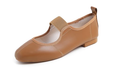 Feversole Damen Quadratischer Flachschuhe mit gepolstertem Komfort, weichem Mary Jane elastischem Riemen und einfachem Einstieg für die Arbeit oder das Büro Camel 39 EU von Feversole