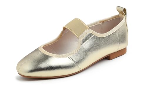 Feversole Damen Quadratischer Flachschuhe mit gepolstertem Komfort, weichem Mary Jane elastischem Riemen und einfachem Einstieg für die Arbeit oder das Büro Gold 41 EU von Feversole