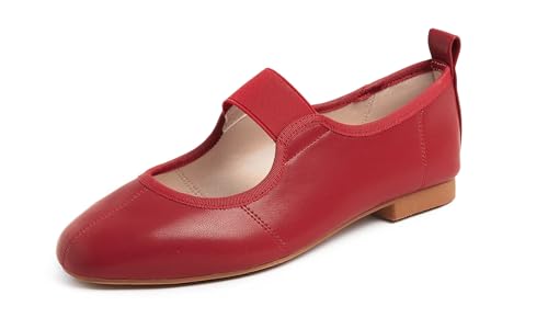 Feversole Damen Quadratischer Flachschuhe mit gepolstertem Komfort, weichem Mary Jane elastischem Riemen und einfachem Einstieg für die Arbeit oder das Büro Rote 37.5 EU von Feversole