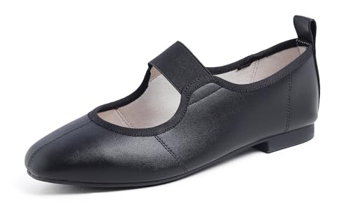 Feversole Damen Quadratischer Flachschuhe mit gepolstertem Komfort, weichem Mary Jane elastischem Riemen und einfachem Einstieg für die Arbeit oder das Büro Schwarze 37.5 EU von Feversole