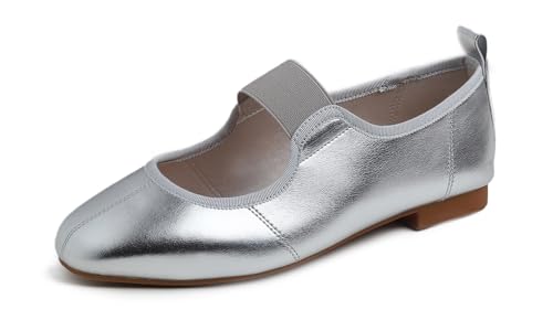 Feversole Damen Quadratischer Flachschuhe mit gepolstertem Komfort, weichem Mary Jane elastischem Riemen und einfachem Einstieg für die Arbeit oder das Büro Silberne 41 EU von Feversole
