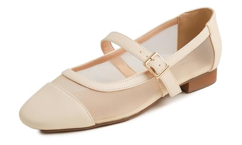 Feversole Damen Weiches Kissen Extra Gepolstert Komfort Quadratischer Zehe Mary Jane Metallschnalle Mode Ballerinas Wanderschuhe, Beige Masche Mary Jane,40 von Feversole