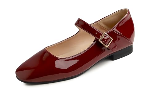 Feversole Damen Weiches Kissen Extra Gepolstert Komfort Quadratischer Zehe Mary Jane Metallschnalle Mode Ballerinas Wanderschuhe, Burgundisch Mary Jane,36 von Feversole