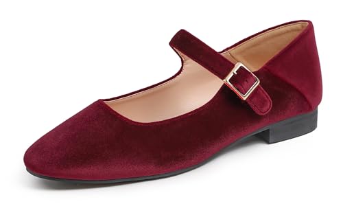 Feversole Damen Weiches Kissen Extra Gepolstert Komfort Quadratischer Zehe Mary Jane Metallschnalle Mode Ballerinas Wanderschuhe, Burgundisch Samt Mary Jane,39 von Feversole