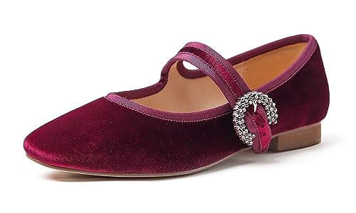 Feversole Damen Weiches Kissen Extra Gepolstert Komfort Quadratischer Zehe Mary Jane Metallschnalle Mode Ballerinas Wanderschuhe, Burgundisch Samt Strass Schnalle,37 von Feversole