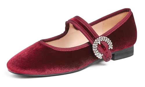 Feversole Damen Weiches Kissen Extra Gepolstert Komfort Quadratischer Zehe Mary Jane Metallschnalle Mode Ballerinas Wanderschuhe, Burgundisch Samt Strass Schnalle,41 von Feversole