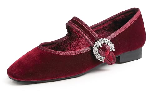 Feversole Damen Weiches Kissen Extra Gepolstert Komfort Quadratischer Zehe Mary Jane Metallschnalle Mode Ballerinas Wanderschuhe, Burgundisch Samt gefüttert Strass Schnalle,38 von Feversole