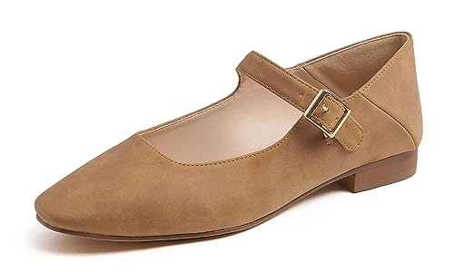 Feversole Damen Weiches Kissen Extra Gepolstert Komfort Quadratischer Zehe Mary Jane Metallschnalle Mode Ballerinas Wanderschuhe, Camel Nubuck Mary Jane,38 von Feversole