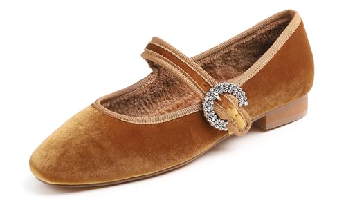 Feversole Damen Weiches Kissen Extra Gepolstert Komfort Quadratischer Zehe Mary Jane Metallschnalle Mode Ballerinas Wanderschuhe, Camel Samt Pelz gefüttert Strass Schnalle,37 von Feversole