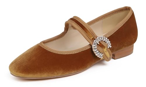 Feversole Damen Weiches Kissen Extra Gepolstert Komfort Quadratischer Zehe Mary Jane Metallschnalle Mode Ballerinas Wanderschuhe, Camel Samt Strass Schnalle,36 von Feversole