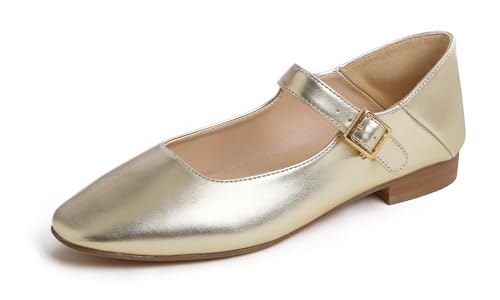 Feversole Damen Weiches Kissen Extra Gepolstert Komfort Quadratischer Zehe Mary Jane Metallschnalle Mode Ballerinas Wanderschuhe, Gold Mary Jane,41 von Feversole