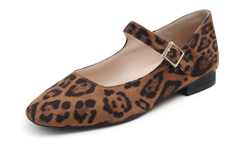 Feversole Damen Weiches Kissen Extra Gepolstert Komfort Quadratischer Zehe Mary Jane Metallschnalle Mode Ballerinas Wanderschuhe, Leopard Mary Jane,39 von Feversole