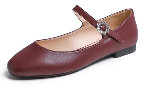 Feversole Damen Weiches Kissen Extra Gepolstert Komfort Quadratischer Zehe Mary Jane Metallschnalle Mode Ballerinas Wanderschuhe, Quadratische Mary Jane Burgunderrot,36 von Feversole