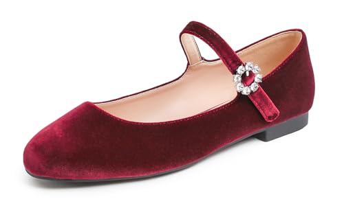 Feversole Damen Weiches Kissen Extra Gepolstert Komfort Quadratischer Zehe Mary Jane Metallschnalle Mode Ballerinas Wanderschuhe, Quadratische Mary Jane Burgunderrot Samt,37.5 von Feversole