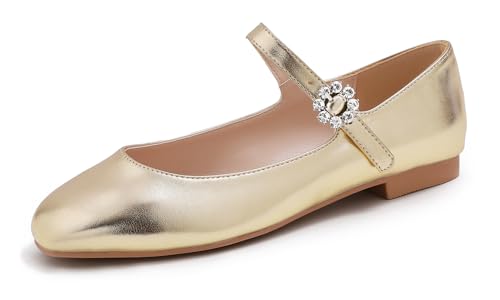 Feversole Damen Weiches Kissen Extra Gepolstert Komfort Quadratischer Zehe Mary Jane Metallschnalle Mode Ballerinas Wanderschuhe, Quadratische Mary Jane Gold,37.5 von Feversole