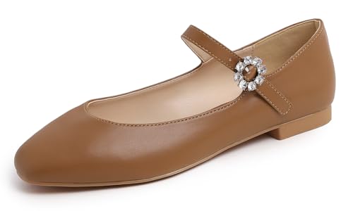 Feversole Damen Weiches Kissen Extra Gepolstert Komfort Quadratischer Zehe Mary Jane Metallschnalle Mode Ballerinas Wanderschuhe, Quadratische Mary Jane Kamel,41 von Feversole