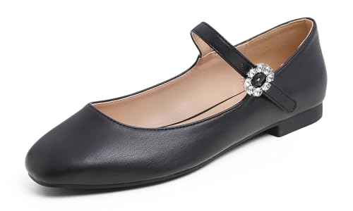 Feversole Damen Weiches Kissen Extra Gepolstert Komfort Quadratischer Zehe Mary Jane Metallschnalle Mode Ballerinas Wanderschuhe, Quadratische Mary Jane Schwarz,41 von Feversole