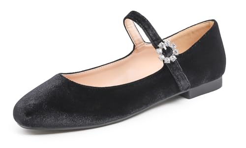 Feversole Damen Weiches Kissen Extra Gepolstert Komfort Quadratischer Zehe Mary Jane Metallschnalle Mode Ballerinas Wanderschuhe, Quadratische Mary Jane Schwarz Samt,36 von Feversole