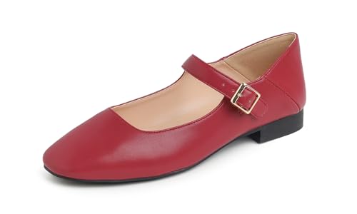 Feversole Damen Weiches Kissen Extra Gepolstert Komfort Quadratischer Zehe Mary Jane Metallschnalle Mode Ballerinas Wanderschuhe, Retro-Rot Mary Jane,41 von Feversole