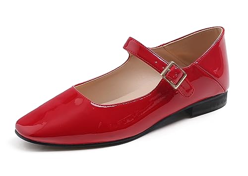 Feversole Damen Weiches Kissen Extra Gepolstert Komfort Quadratischer Zehe Mary Jane Metallschnalle Mode Ballerinas Wanderschuhe, Rot Patent Mary Jane,37 von Feversole