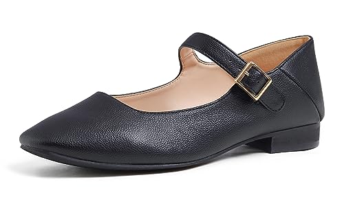 Feversole Damen Weiches Kissen Extra Gepolstert Komfort Quadratischer Zehe Mary Jane Metallschnalle Mode Ballerinas Wanderschuhe, Schwarz Litch Mary Jane,38 von Feversole