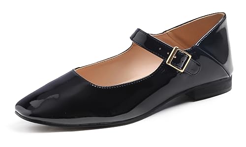 Feversole Damen Weiches Kissen Extra Gepolstert Komfort Quadratischer Zehe Mary Jane Metallschnalle Mode Ballerinas Wanderschuhe, Schwarz Patent Mary Jane,38 von Feversole